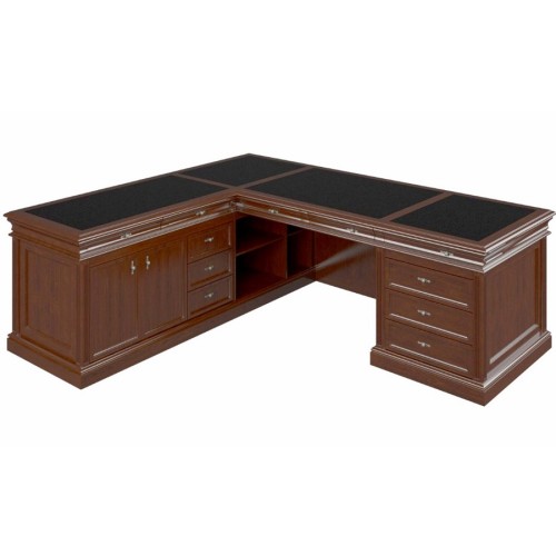 Стол руководителя угловой двухтумбовый R-142 (кожаная вставка): массив и шпон дерева от кабинета Ришар: правый или левый